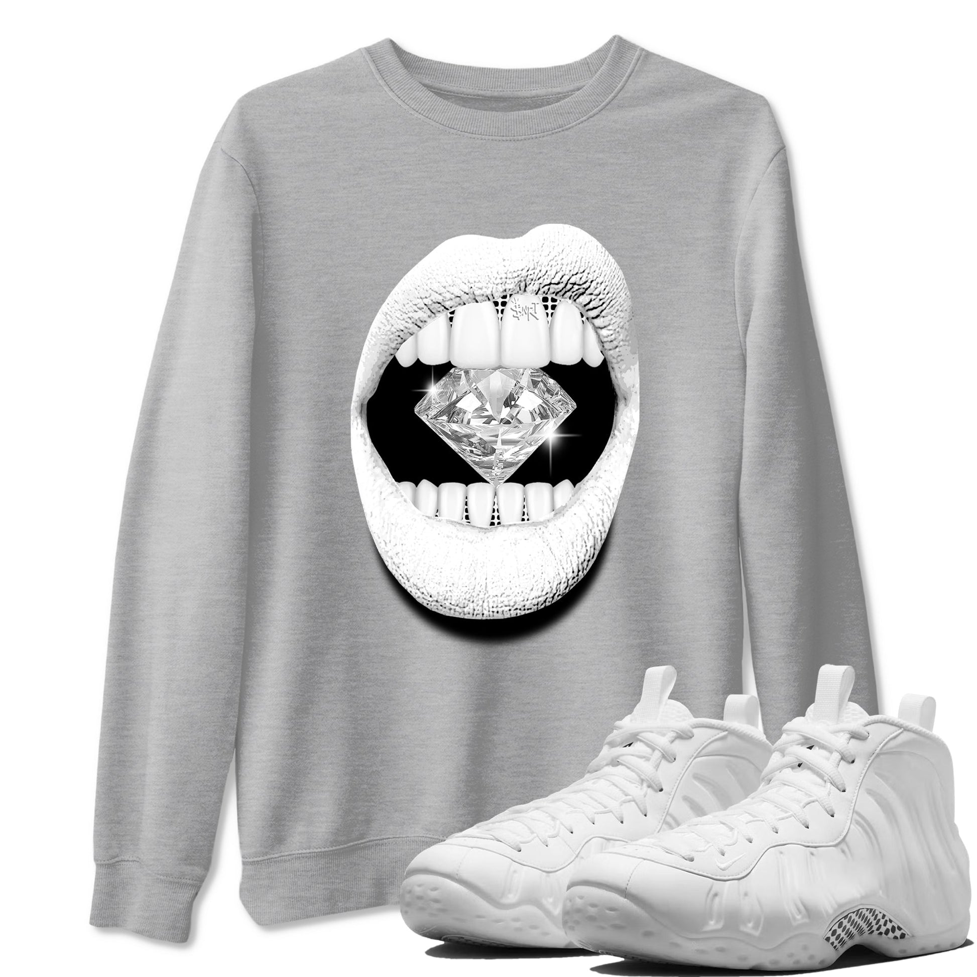 Lips Diamond sneaker match t-shirt styled to complete your fit with the Air Foamposite One Triple White sneakers, graphic shirts in Heather Grey 1.