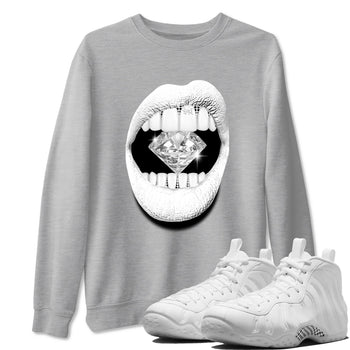 Lips Diamond sneaker match t-shirt styled to complete your fit with the Air Foamposite One Triple White sneakers, graphic shirts in Heather Grey 1.