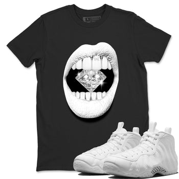 Lips Diamond sneaker match t-shirt styled to complete your fit with the Air Foamposite One Triple White sneakers, graphic shirts in Black 1.