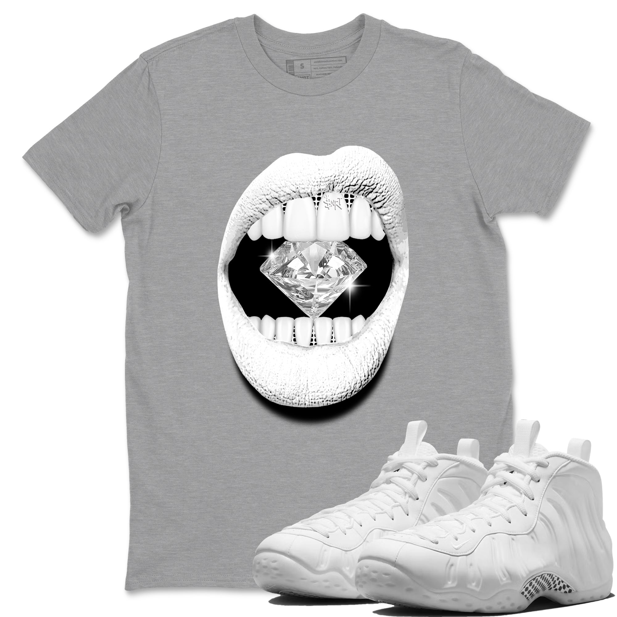 Lips Diamond sneaker match t-shirt styled to complete your fit with the Air Foamposite One Triple White sneakers, graphic shirts in Heather Grey 1.