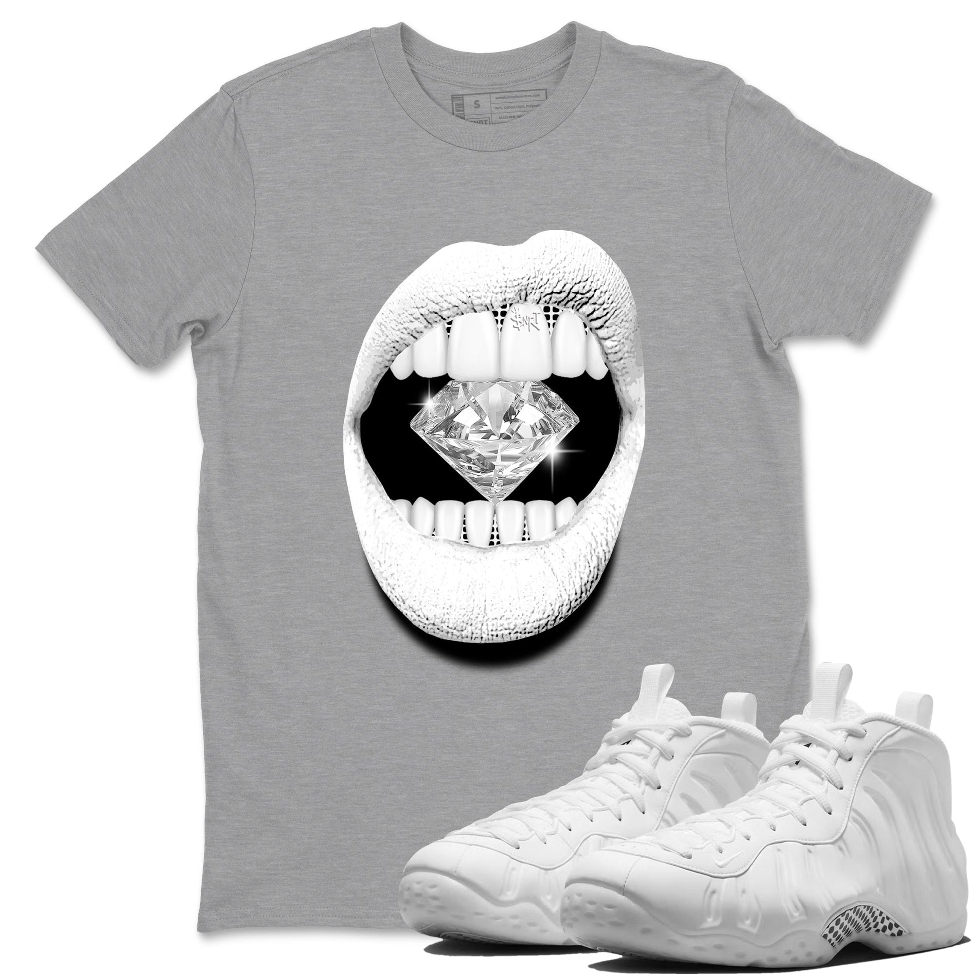 Lips Diamond sneaker match t-shirt styled to complete your fit with the Air Foamposite One Triple White sneakers, graphic shirts in Heather Grey 1.