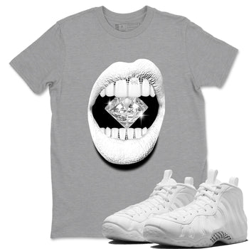 Lips Diamond sneaker match t-shirt styled to complete your fit with the Air Foamposite One Triple White sneakers, graphic shirts in Heather Grey 1.