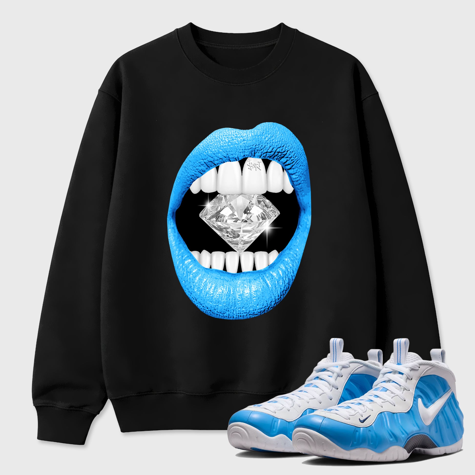 Best Sneakerfit Graphic Tee. Graphic Outfits. Sneaker Tees To Match Air Foamposite Pro University Blue Sneakers – Lips Diamond Tee Black 1