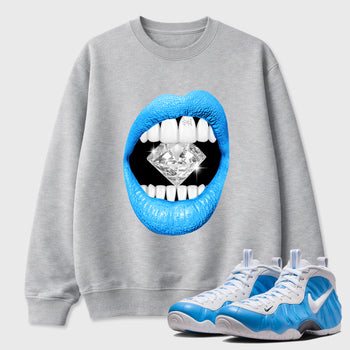 Best Sneakerfit Graphic Tee. Graphic Outfits. Sneaker Tees To Match Air Foamposite Pro University Blue Sneakers – Lips Diamond Tee Heather Grey 1
