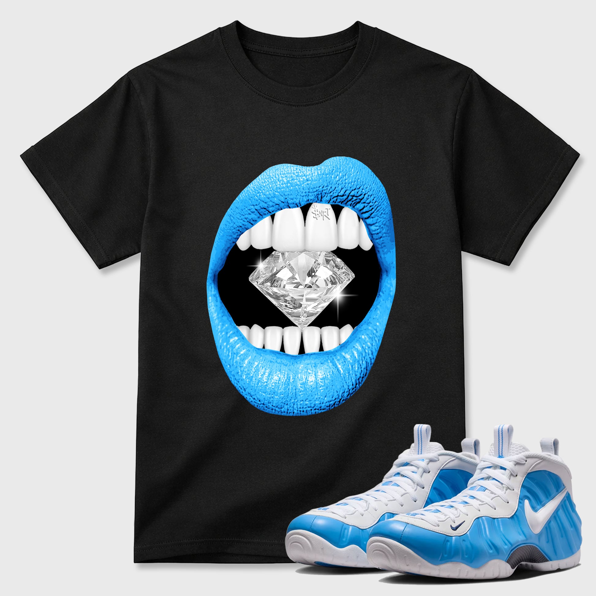 Best Sneakerfit Graphic Tee. Graphic Outfits. Sneaker Tees To Match Air Foamposite Pro University Blue Sneakers – Lips Diamond Tee Black 1