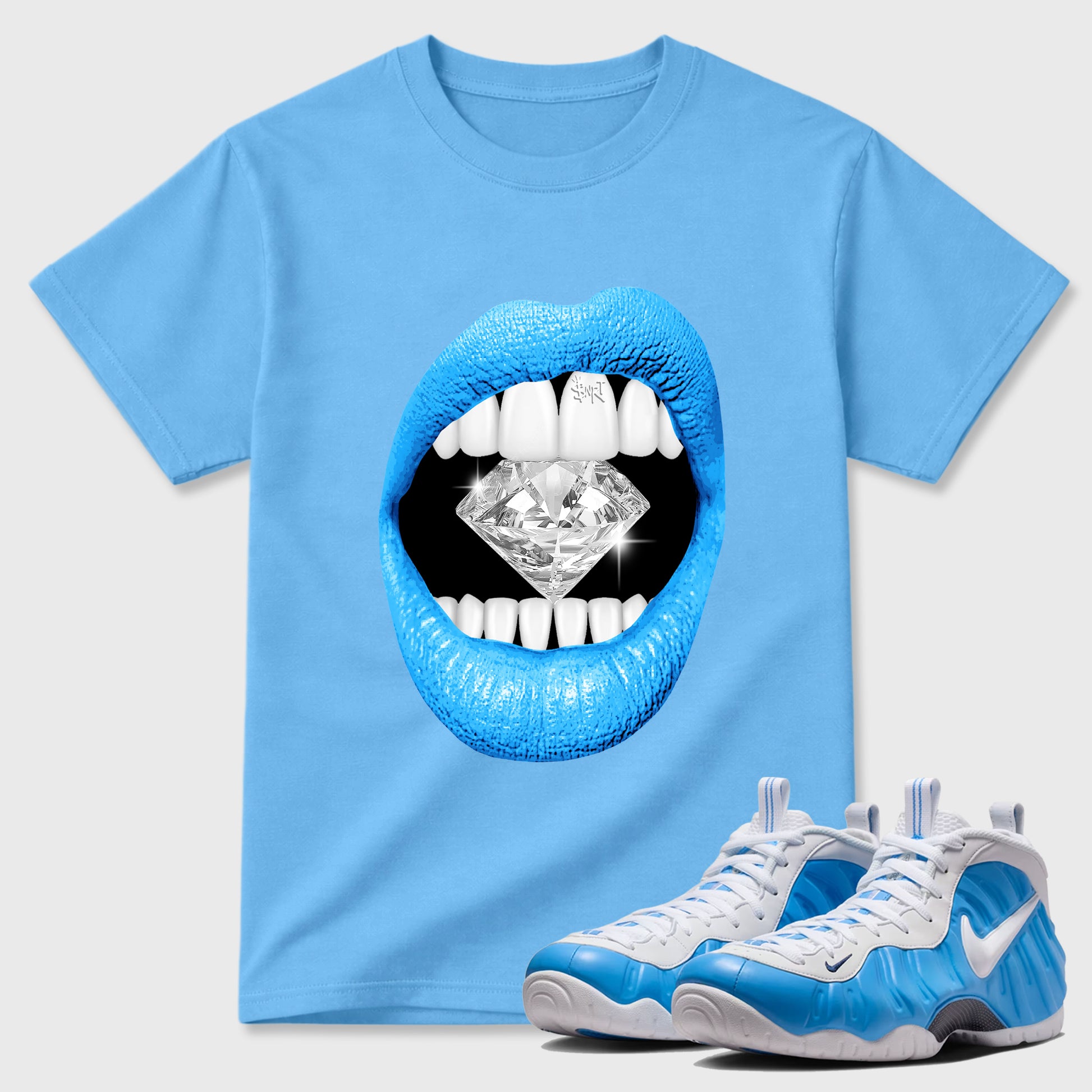 Best Sneakerfit Graphic Tee. Graphic Outfits. Sneaker Tees To Match Air Foamposite Pro University Blue Sneakers – Lips Diamond Tee Carolina Blue 1