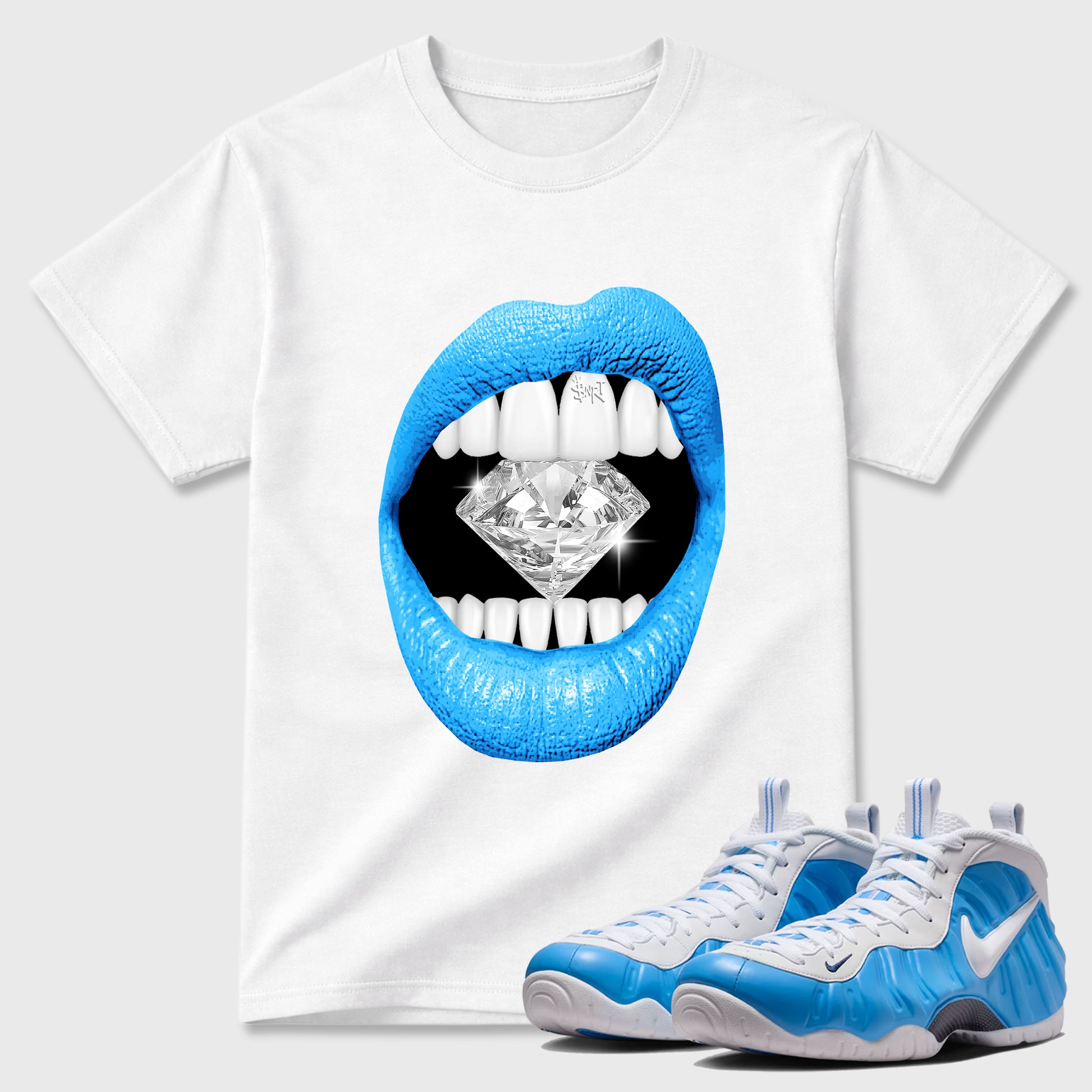 Best Sneakerfit Graphic Tee. Graphic Outfits. Sneaker Tees To Match Air Foamposite Pro University Blue Sneakers – Lips Diamond Tee White 1
