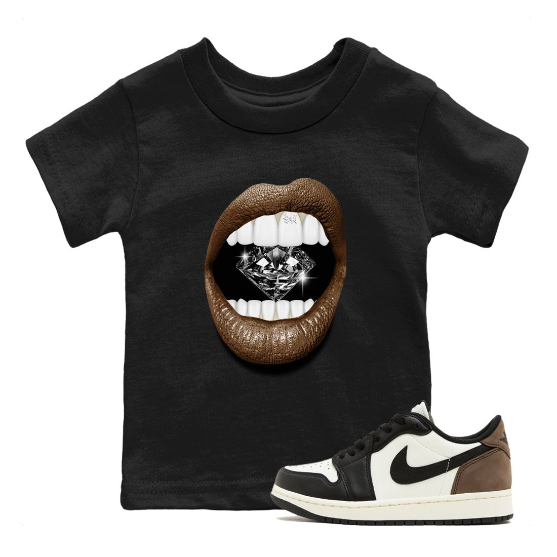 1s Mocha shirts to match jordans Lips Diamond sneaker match tees Air Jordan 1 Mocha SNRT Sneaker Release Tees Youth Baby Black 1 crew neck shirts