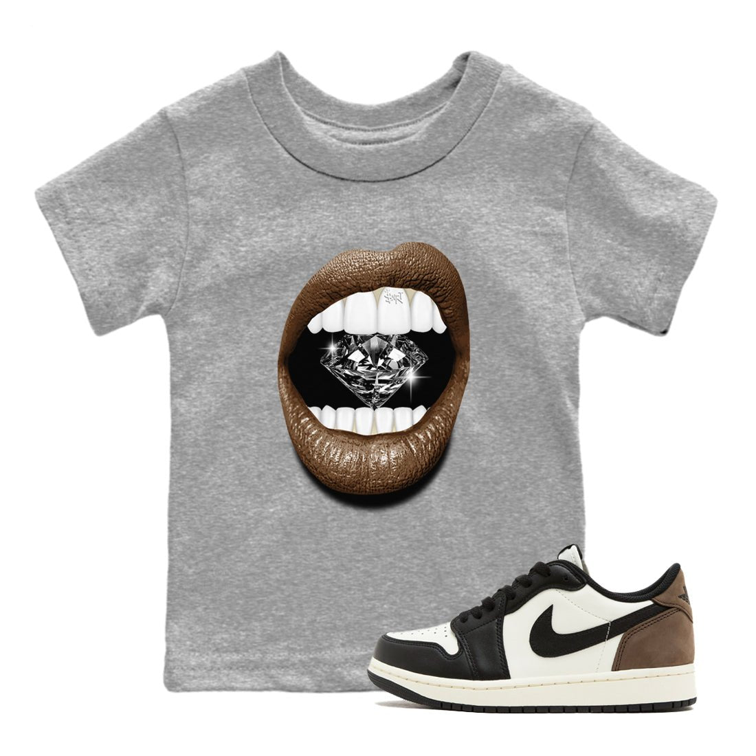 1s Mocha shirts to match jordans Lips Diamond sneaker match tees Air Jordan 1 Mocha SNRT Sneaker Release Tees Youth Baby Heather Grey 1 crew neck shirts