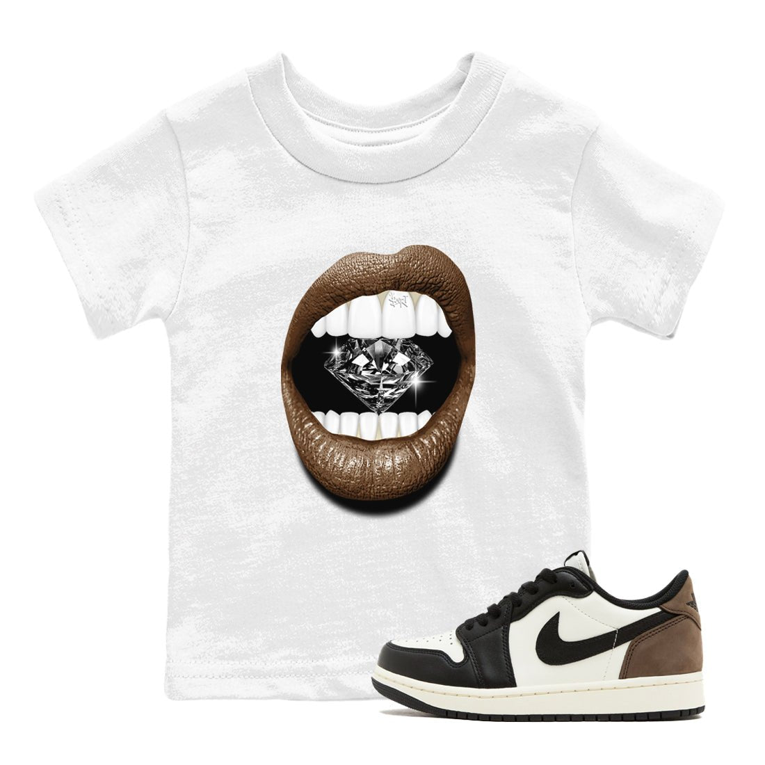 1s Mocha shirts to match jordans Lips Diamond sneaker match tees Air Jordan 1 Mocha SNRT Sneaker Release Tees Youth Baby White 1 crew neck shirts