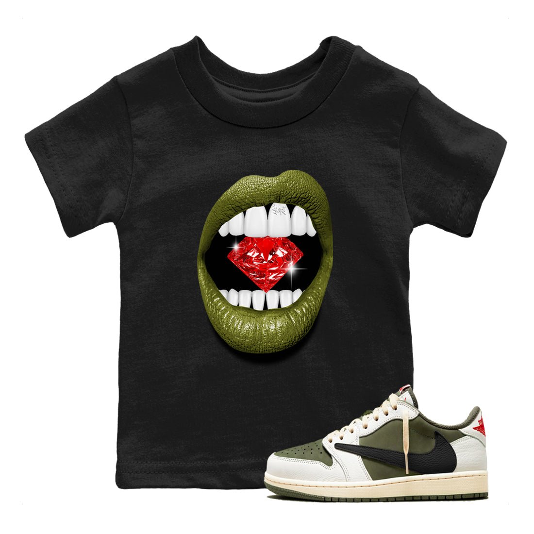 Jordan 1 Olive t shirts to match sneakers Lips Diamond sneaker match tees Air Jordan 1 Low x Travis Scott Reverse Olive tee SNRT Sneaker Tees Youth Baby Black 1 tee