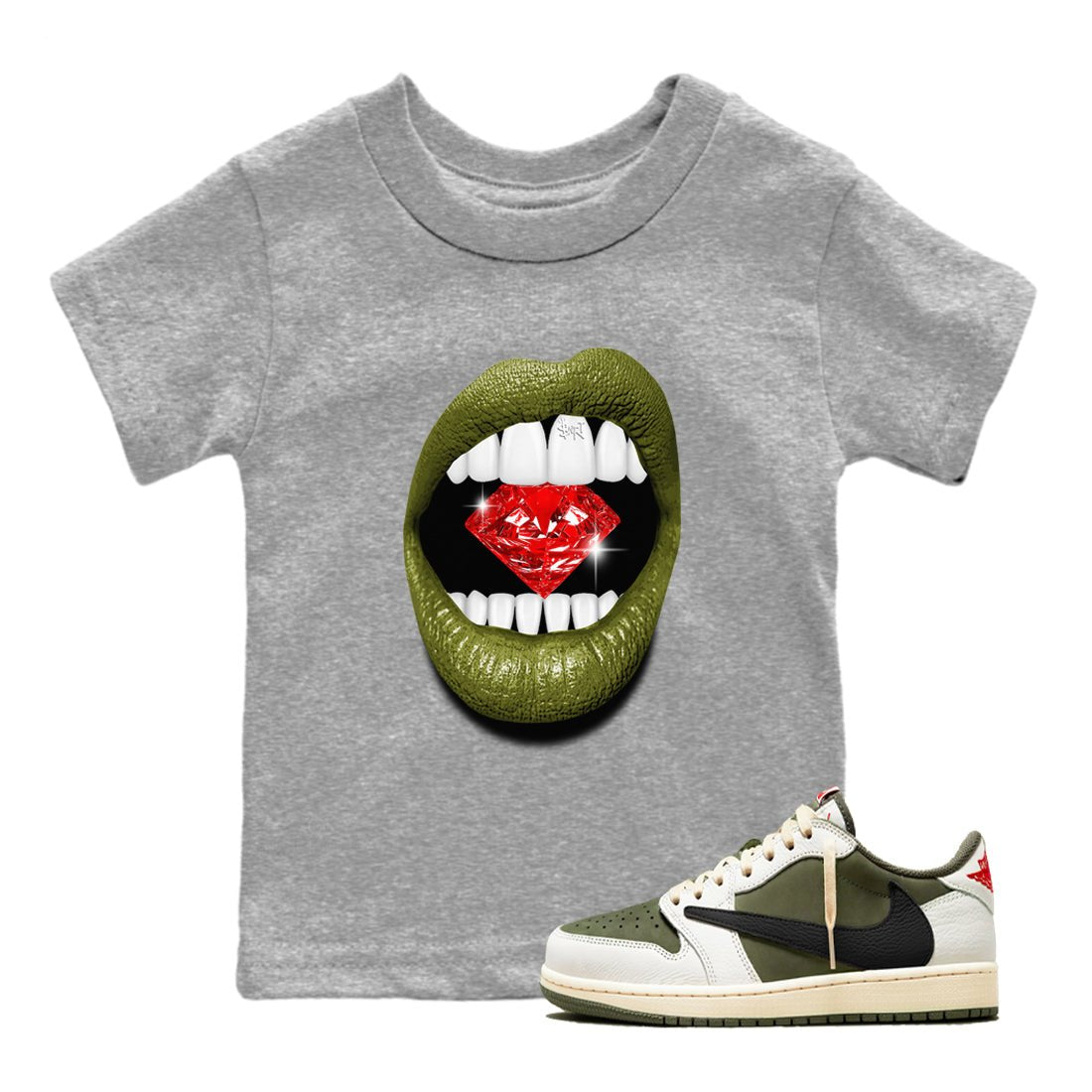 Jordan 1 Olive t shirts to match sneakers Lips Diamond sneaker match tees Air Jordan 1 Low x Travis Scott Reverse Olive tee SNRT Sneaker Tees Youth Baby Heather Grey 1 tee