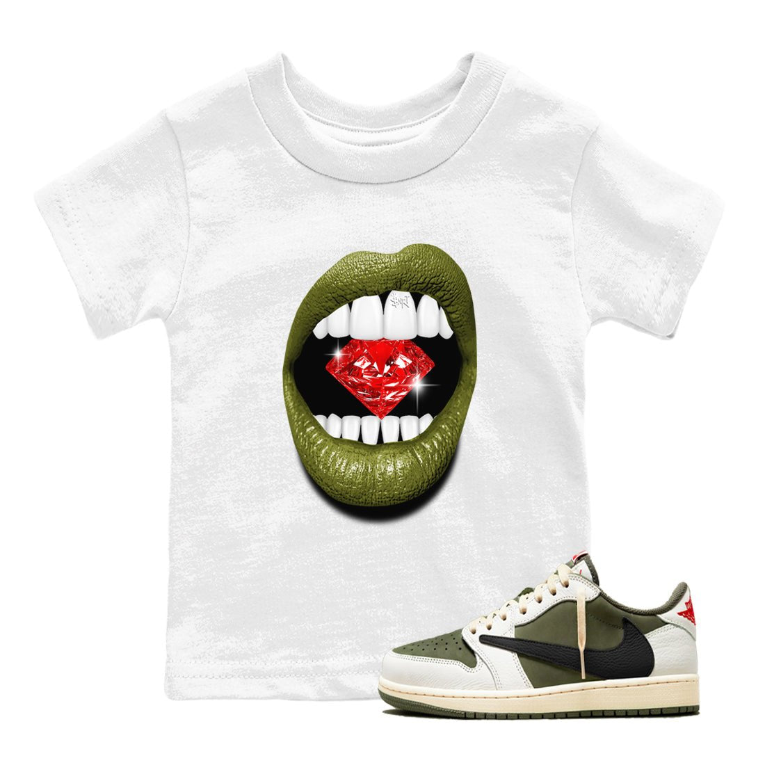 Jordan 1 Olive t shirts to match sneakers Lips Diamond sneaker match tees Air Jordan 1 Low x Travis Scott Reverse Olive tee SNRT Sneaker Tees Youth Baby White 1 tee