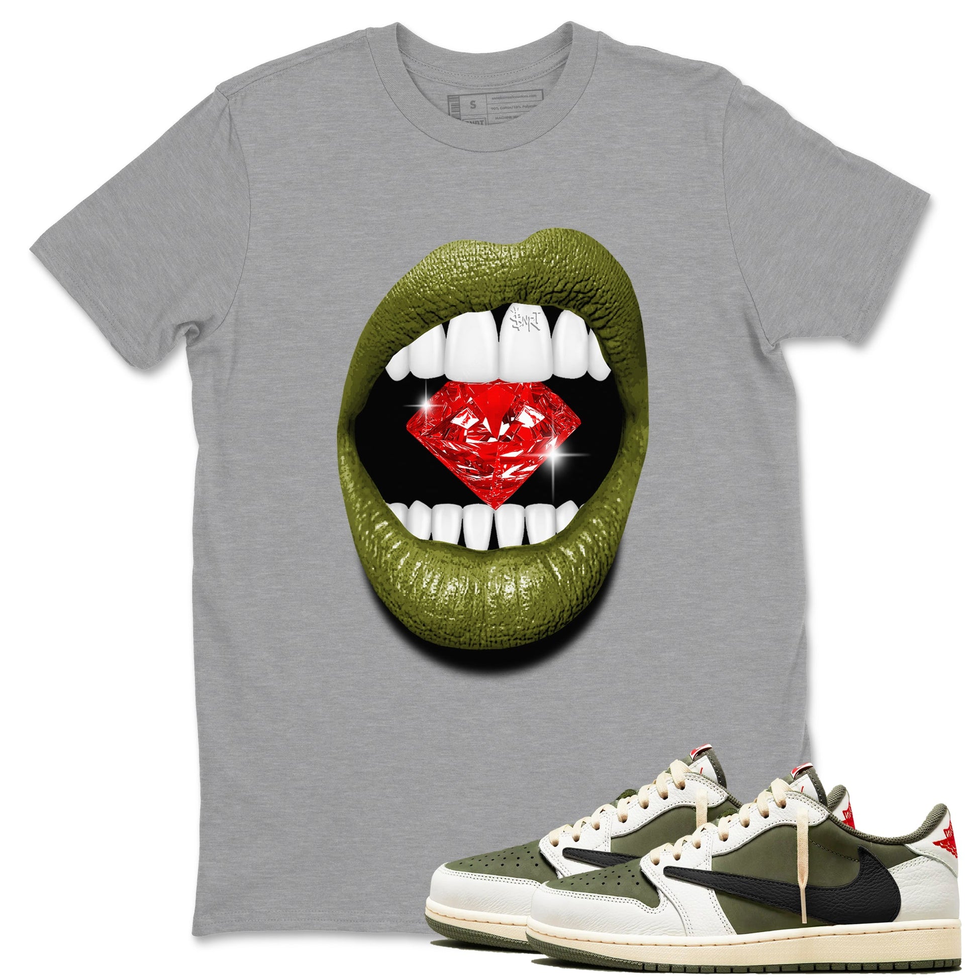 Jordan 1 Olive t shirts to match sneakers Lips Diamond sneaker match tees Air Jordan 1 Low x Travis Scott Reverse Olive tee SNRT Sneaker Tees unisex cotton Heather Grey 1 shirts