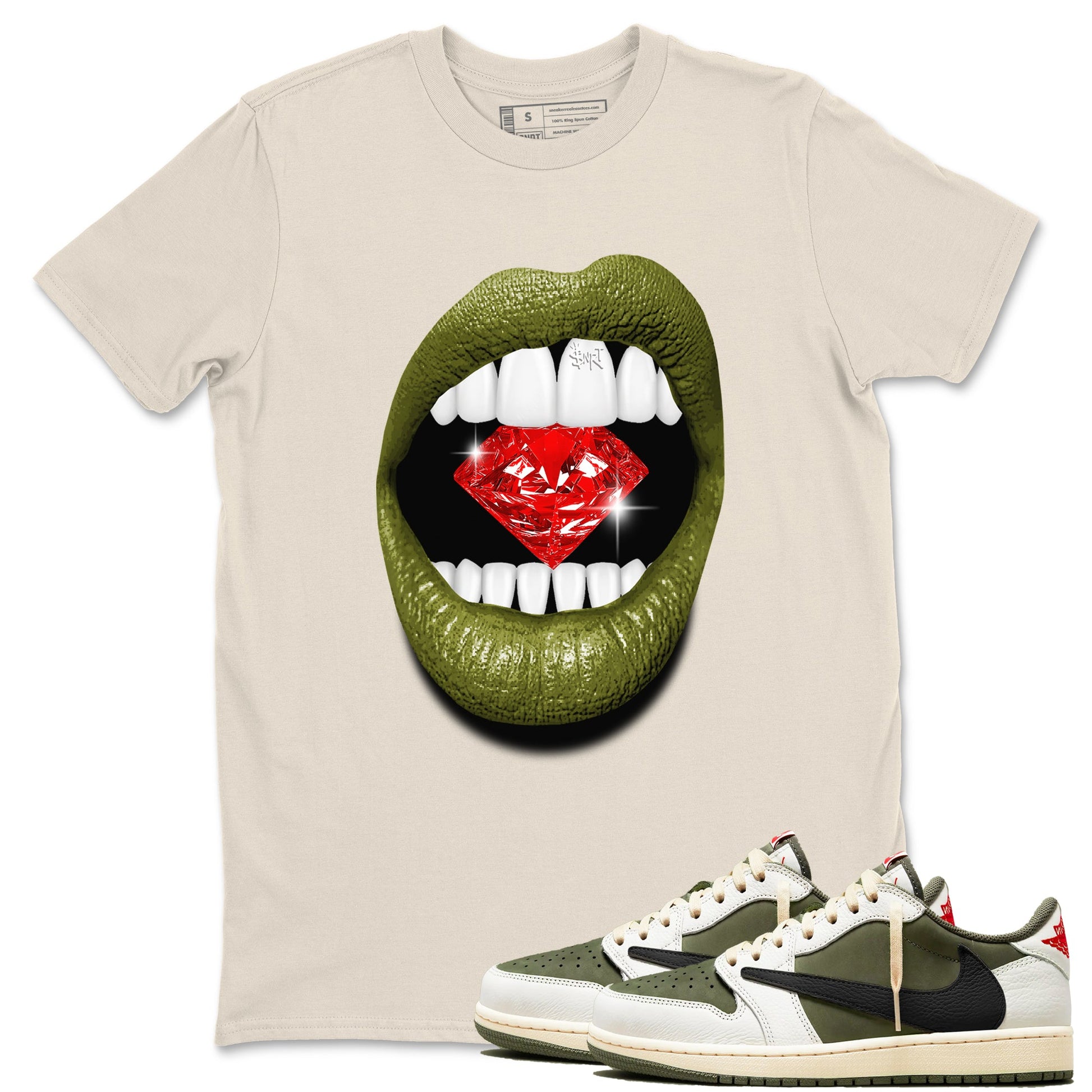 Jordan 1 Olive t shirts to match sneakers Lips Diamond sneaker match tees Air Jordan 1 Low x Travis Scott Reverse Olive tee SNRT Sneaker Tees unisex cotton Natural 1 shirts