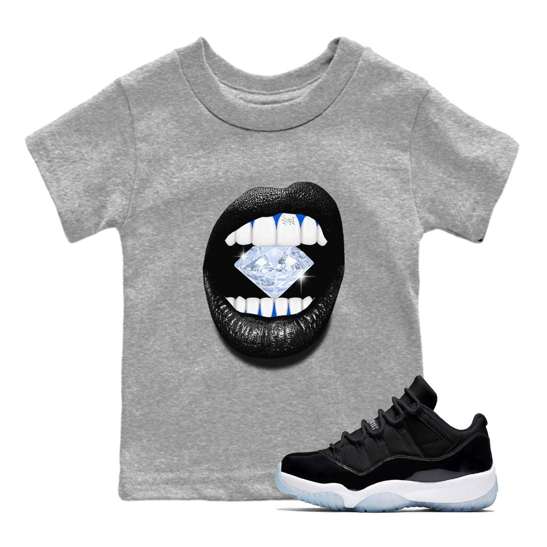 11s Black and Varsity Royal shirt to match jordans Lips Diamond sneaker tees AJ11 Black and Varsity Royal SNRT sneaker release tees baby toddler Heather Grey 1 cotton Shirt