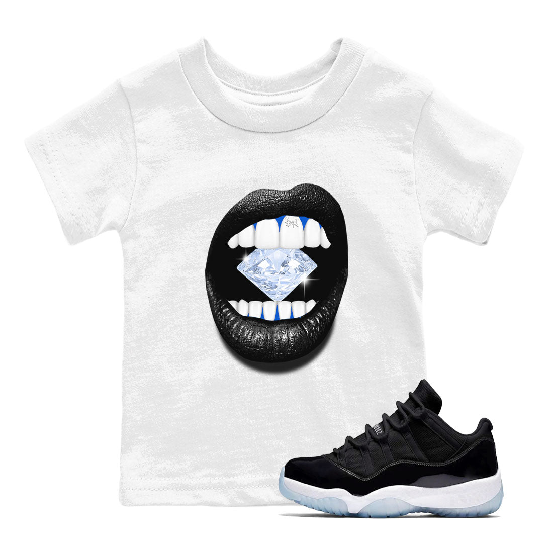 11s Black and Varsity Royal shirt to match jordans Lips Diamond sneaker tees AJ11 Black and Varsity Royal SNRT sneaker release tees baby toddler White 1 cotton Shirt