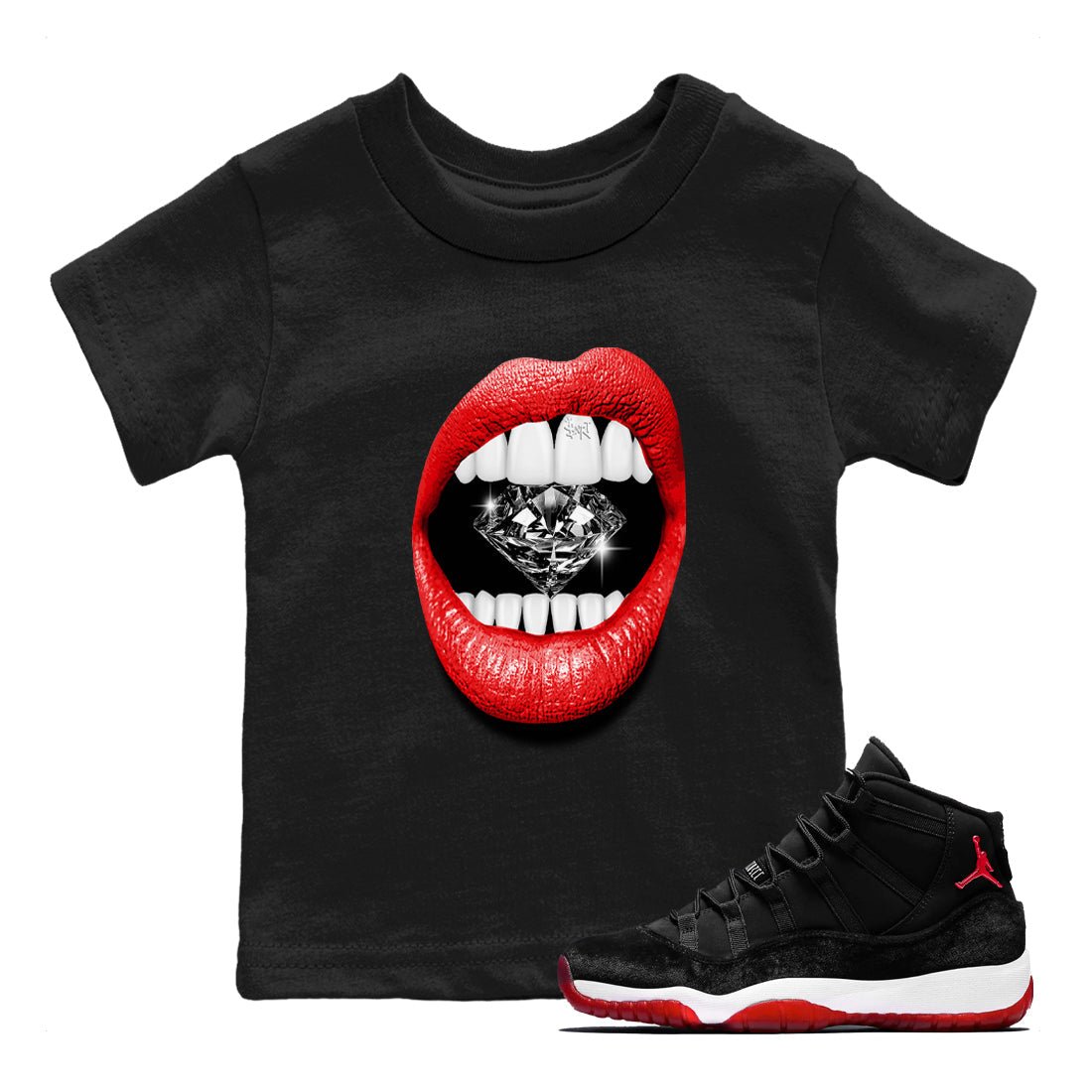 11s Bred Velvet shirts to match jordans Lips Diamond sneaker match tees Air Jordan 11 Bred Velvet match shoes to clothes SNRT Sneaker Tees Youth Baby Black 1 tee