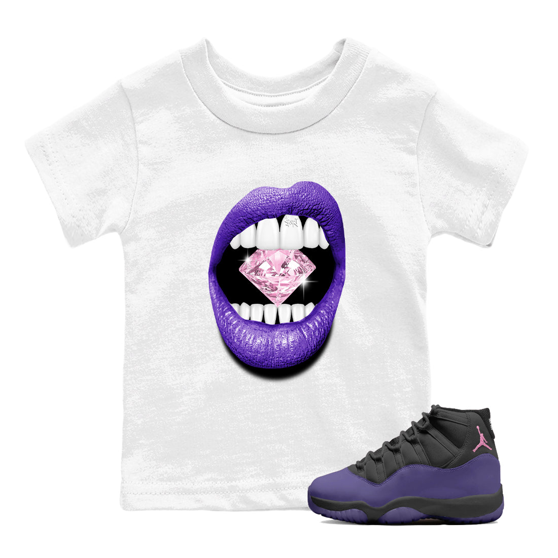 Sneaker match tees – Sneaker Tees To Match Air Jordan 11 Canyon Purple Shoes – Lips Diamond Kids T-Shirt White 1