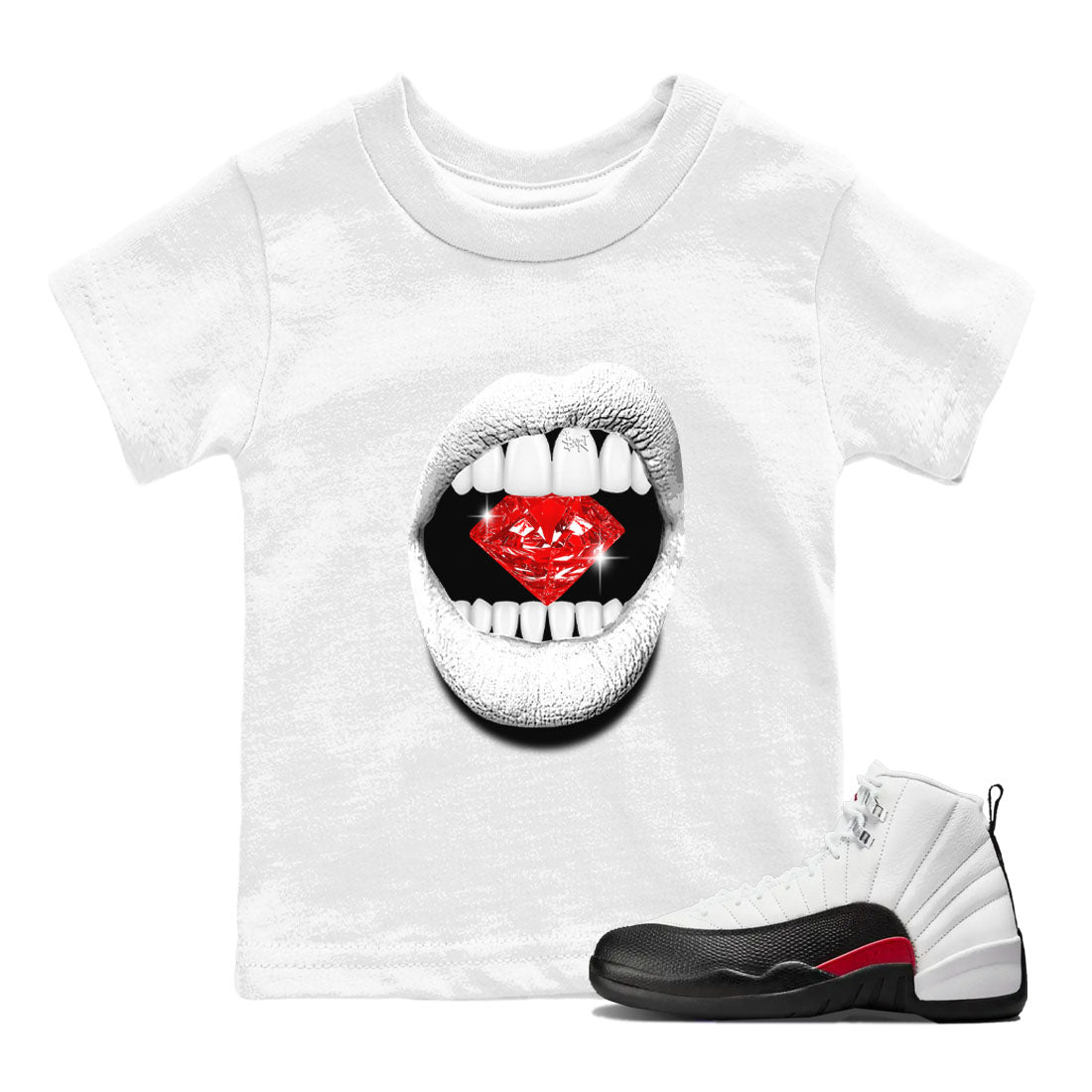 Air Jordan 12 Retro Taxi Flip shirts to match jordans Lips Diamond sneaker match tees 12s Red Taxi SNRT sneaker release tees baby toddler White 1 cotton Shirt