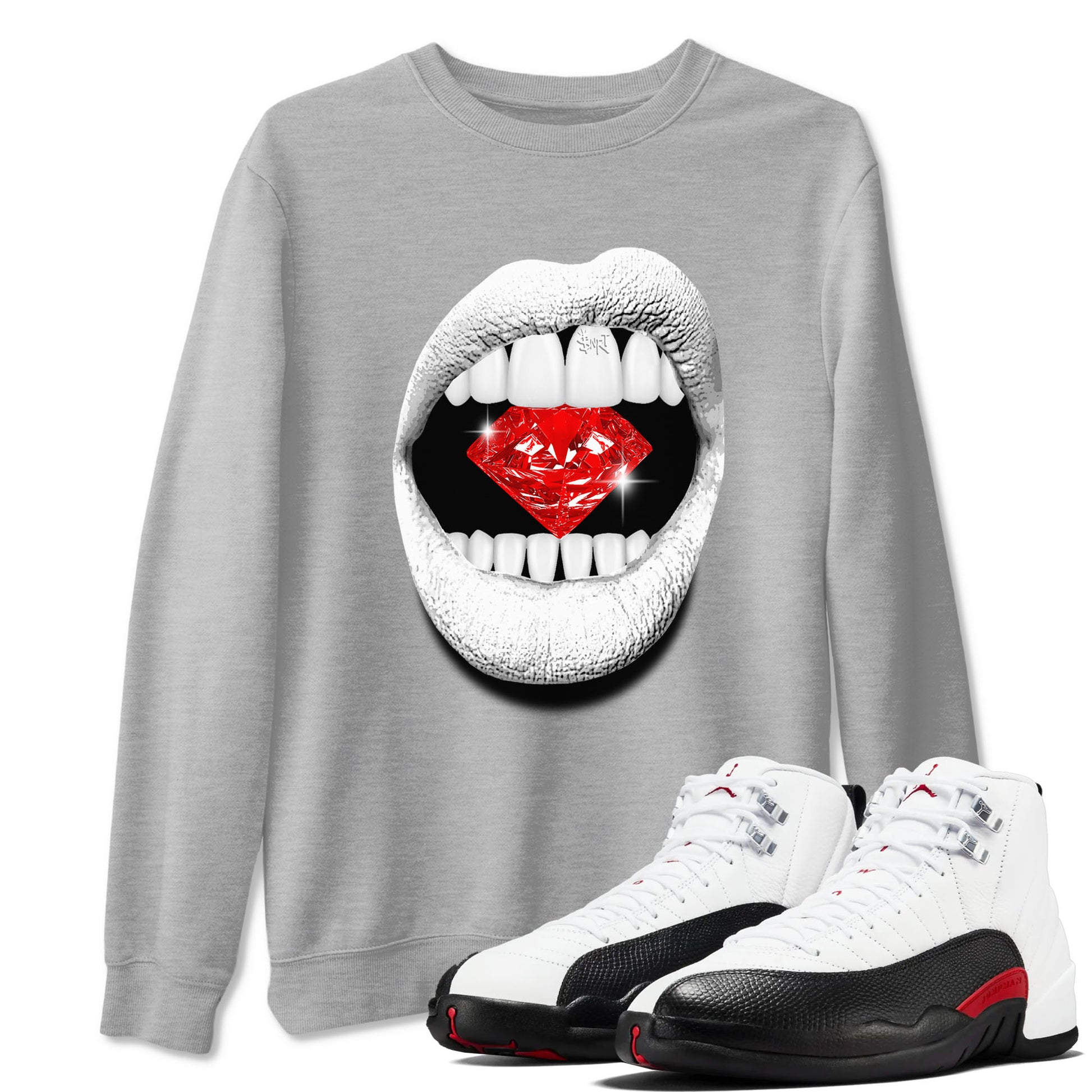 Air Jordan 12 Retro Taxi Flip shirts to match jordans Lips Diamond sneaker match tees 12s Red Taxi SNRT sneaker release Tees unisex cotton Heather Grey 1 crew neck shirt