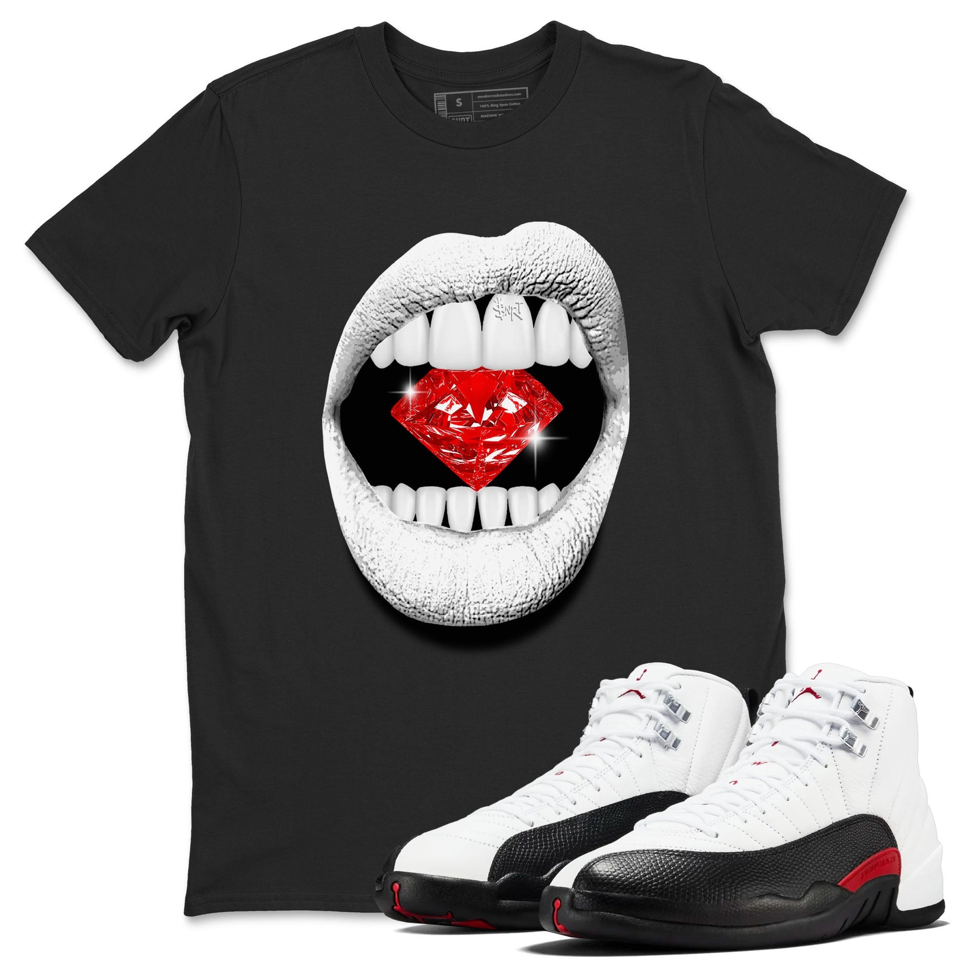 Air Jordan 12 Retro Taxi Flip shirts to match jordans Lips Diamond sneaker match tees 12s Red Taxi SNRT sneaker release Tees unisex cotton Black 1 crew neck shirt