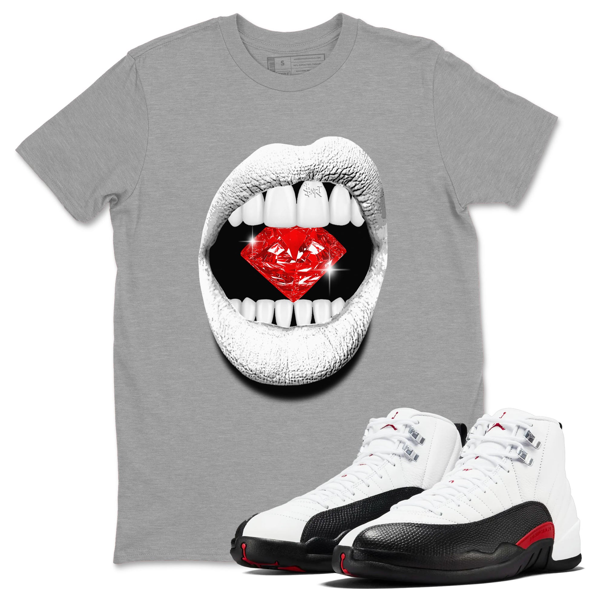 Air Jordan 12 Retro Taxi Flip shirts to match jordans Lips Diamond sneaker match tees 12s Red Taxi SNRT sneaker release Tees unisex cotton Heather Grey 1 crew neck shirt