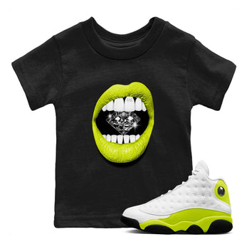 Jordan 13 Bright Cactus Shirts To Match Jordans Lips Diamond Sneaker Shirts 13s Bright Cactus SNRT Sneaker Release Tees Baby Youth Toddler Black 1 crew neck shirts