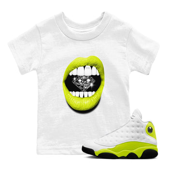 Jordan 13 Bright Cactus Shirts To Match Jordans Lips Diamond Sneaker Shirts 13s Bright Cactus SNRT Sneaker Release Tees Baby Youth Toddler White 1 crew neck shirts