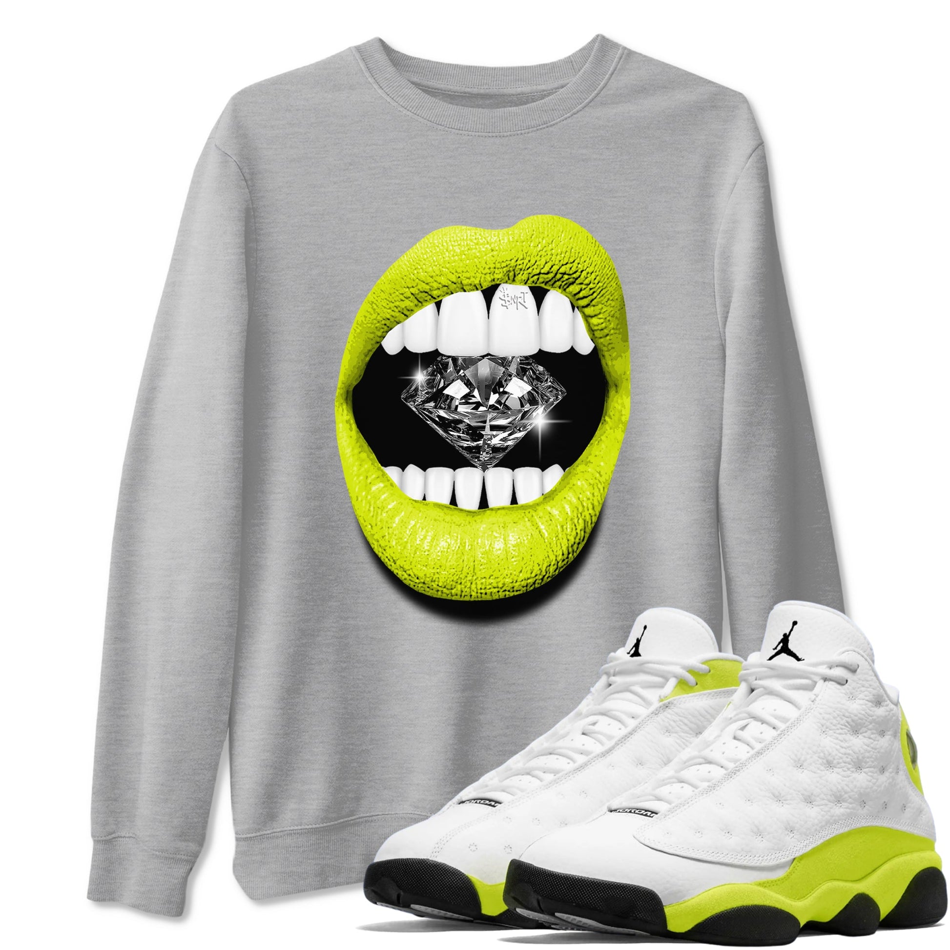Jordan 13 Bright Cactus Shirts To Match Jordans Lips Diamond Sneaker Shirts 13s Bright Cactus SNRT Sneaker Release Tees Unisex Cotton Crew Neck Heather Grey 1 crew neck shirts