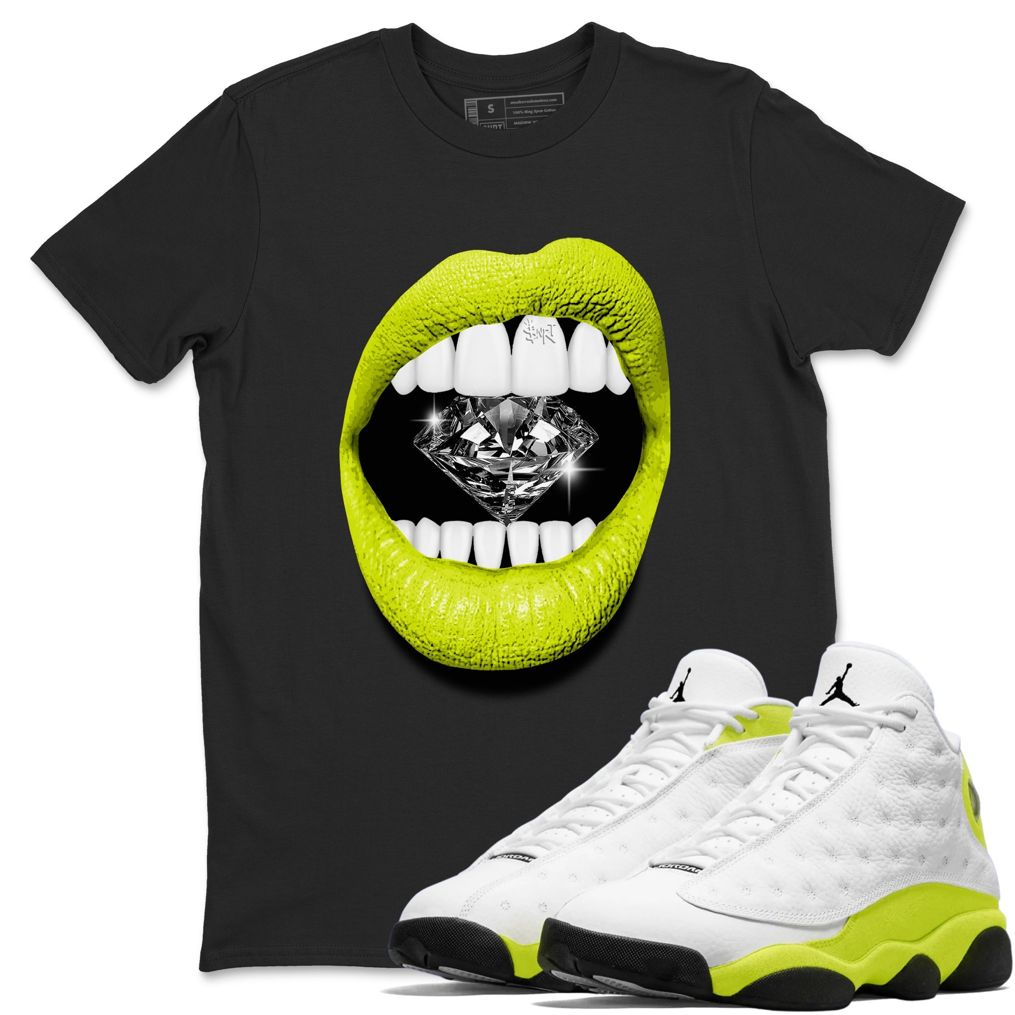 Jordan 13 Bright Cactus Shirts To Match Jordans Lips Diamond Sneaker Shirts 13s Bright Cactus SNRT Sneaker Release Tees Unisex Cotton Crew Neck Black 1 crew neck shirts