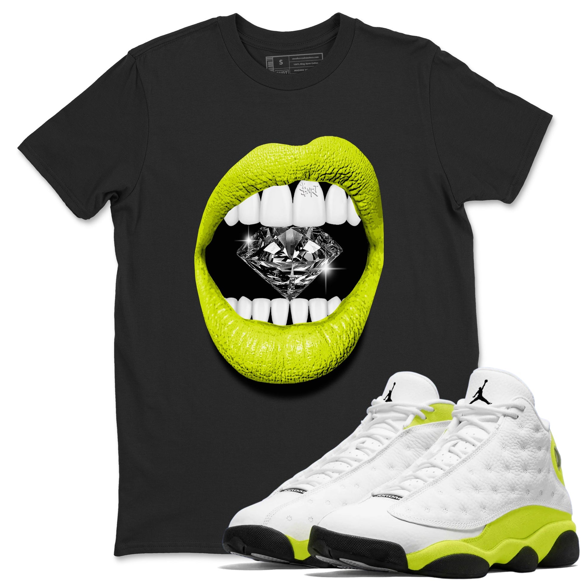 Jordan 13 Bright Cactus Shirts To Match Jordans Lips Diamond Sneaker Shirts 13s Bright Cactus SNRT Sneaker Release Tees Unisex Cotton Crew Neck Black 1 crew neck shirts
