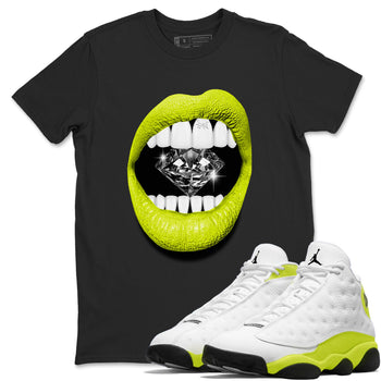 Jordan 13 Bright Cactus Shirts To Match Jordans Lips Diamond Sneaker Shirts 13s Bright Cactus SNRT Sneaker Release Tees Unisex Cotton Crew Neck Black 1 crew neck shirts