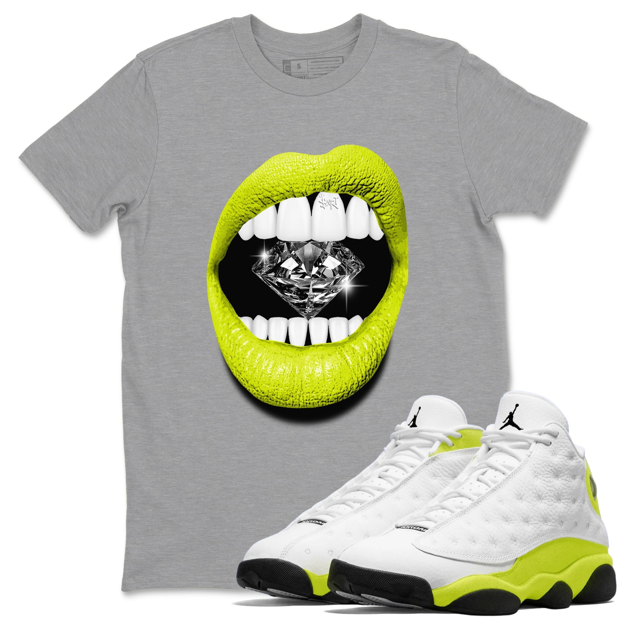 Jordan 13 Bright Cactus Shirts To Match Jordans Lips Diamond Sneaker Shirts 13s Bright Cactus SNRT Sneaker Release Tees Unisex Cotton Crew Neck Heather Grey 1 crew neck shirts