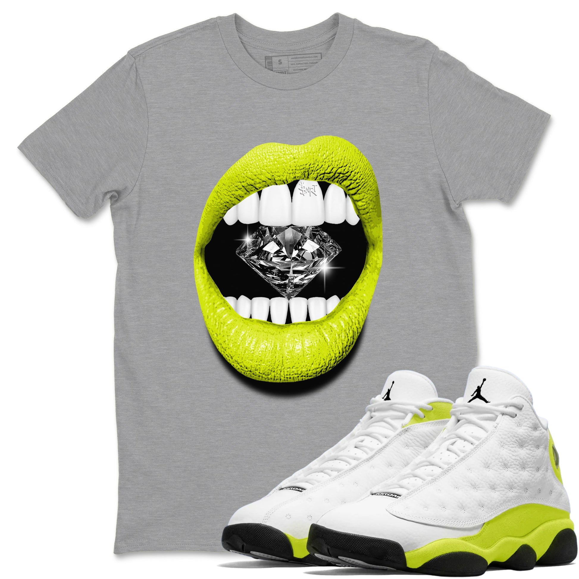Jordan 13 Bright Cactus Shirts To Match Jordans Lips Diamond Sneaker Shirts 13s Bright Cactus SNRT Sneaker Release Tees Unisex Cotton Crew Neck Heather Grey 1 crew neck shirts