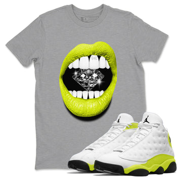 Jordan 13 Bright Cactus Shirts To Match Jordans Lips Diamond Sneaker Shirts 13s Bright Cactus SNRT Sneaker Release Tees Unisex Cotton Crew Neck Heather Grey 1 crew neck shirts