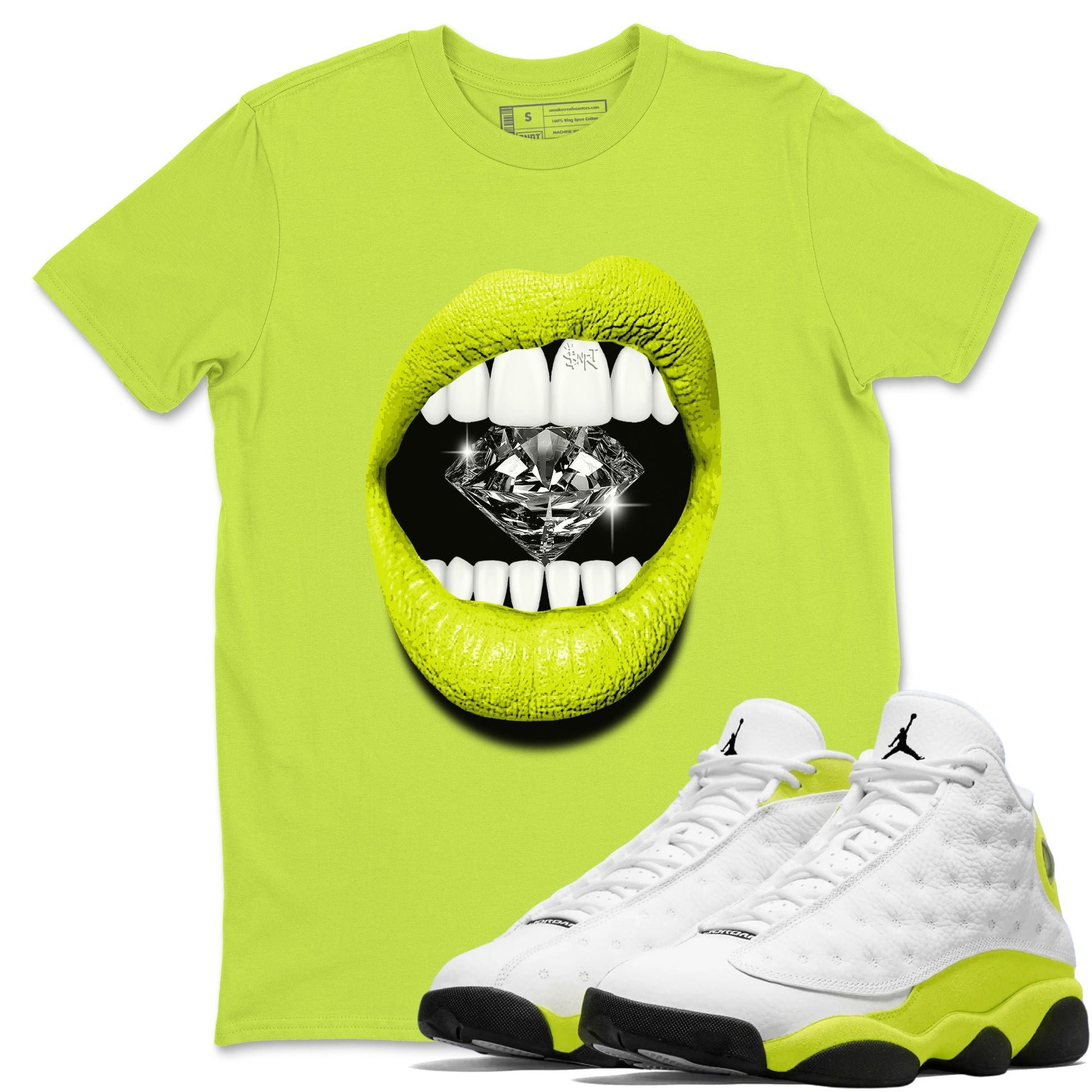 Jordan 13 Bright Cactus Shirts To Match Jordans Lips Diamond Sneaker Shirts 13s Bright Cactus SNRT Sneaker Release Tees Unisex Cotton Crew Neck Safety Green 1 crew neck shirts