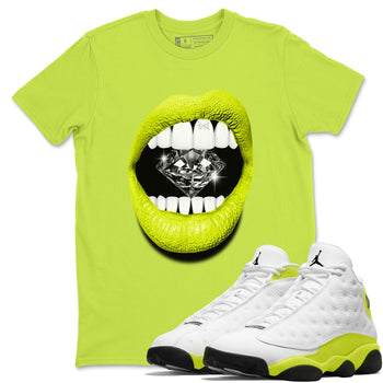 Jordan 13 Bright Cactus Shirts To Match Jordans Lips Diamond Sneaker Shirts 13s Bright Cactus SNRT Sneaker Release Tees Unisex Cotton Crew Neck Safety Green 1 crew neck shirts
