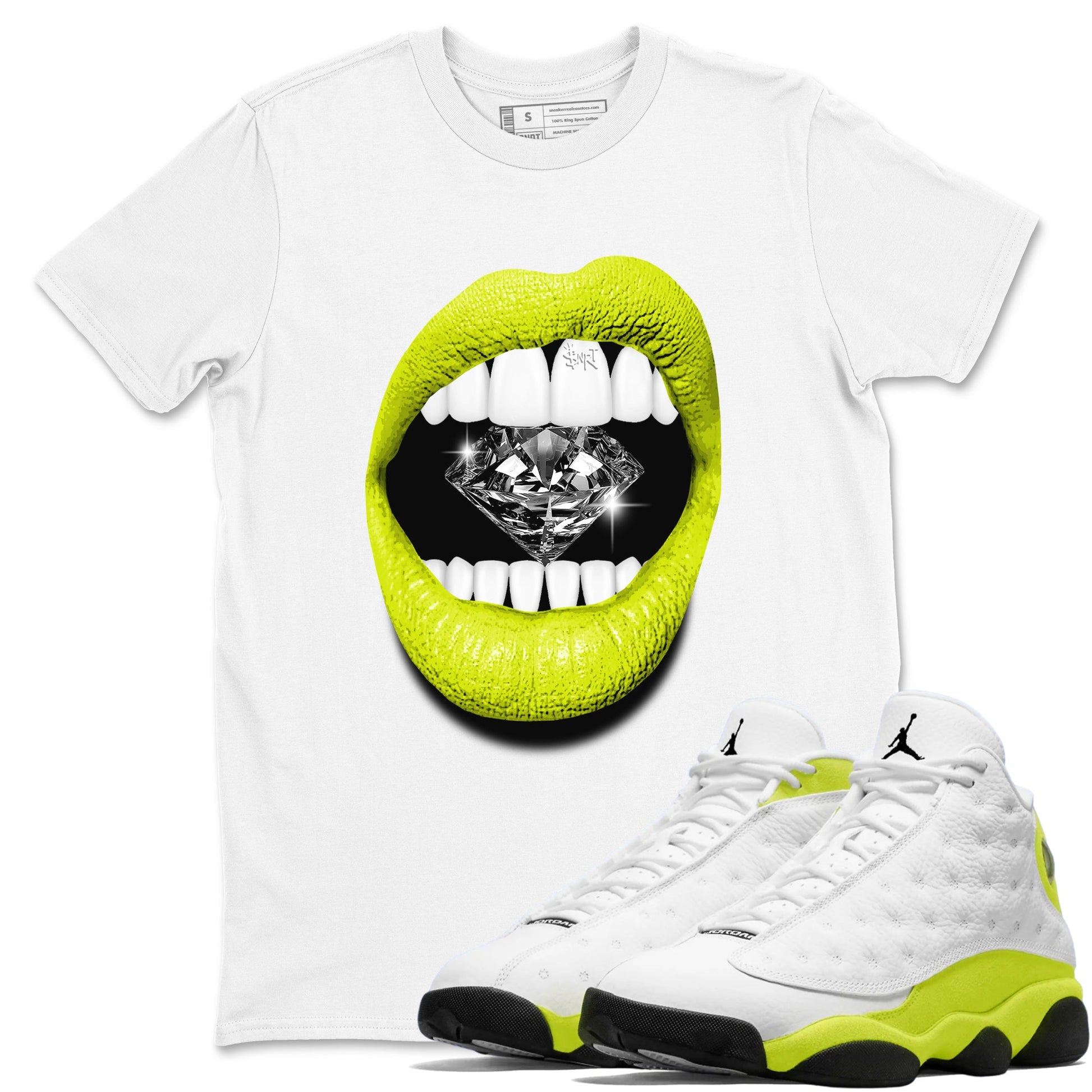 Jordan 13 Bright Cactus Shirts To Match Jordans Lips Diamond Sneaker Shirts 13s Bright Cactus SNRT Sneaker Release Tees Unisex Cotton Crew Neck White 1 crew neck shirts