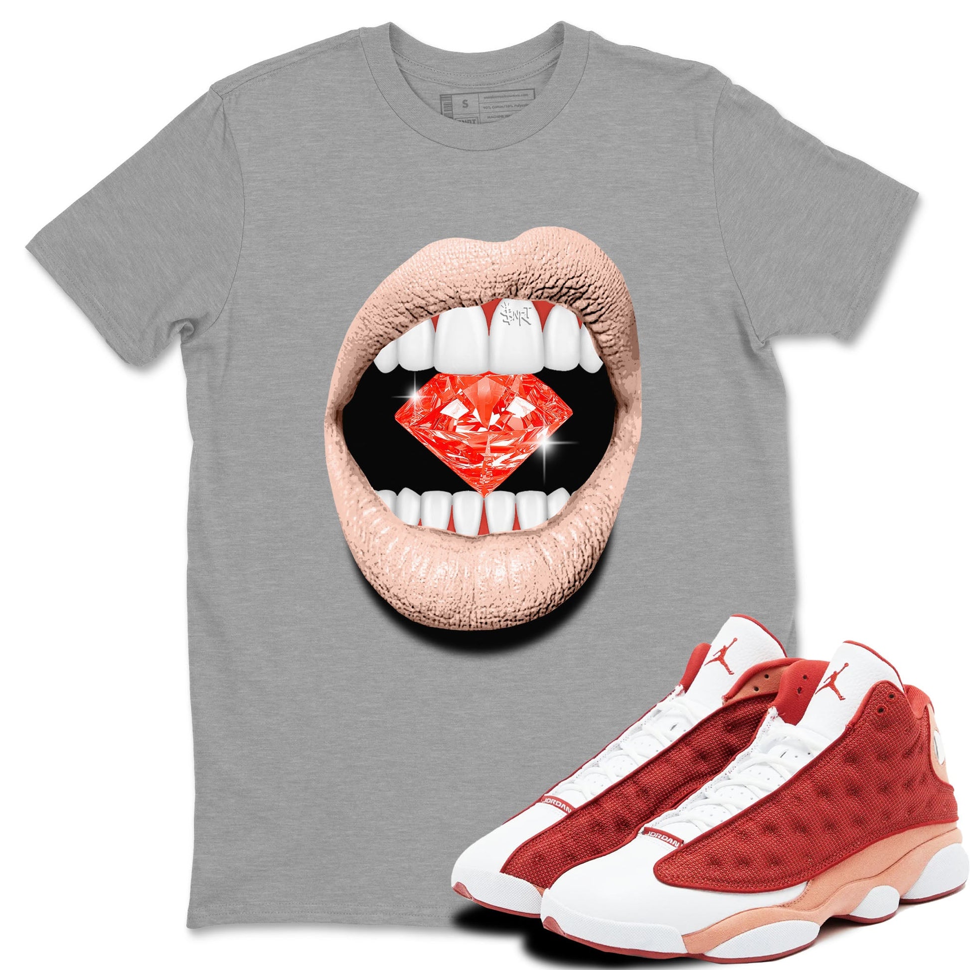 13s Dune Red shirts to match jordans Lips Diamond sneaker match tees Air Jordan 13 Dune Red SNRT Sneaker Tees streetwear brand Heather Grey 1 unisex cotton tee