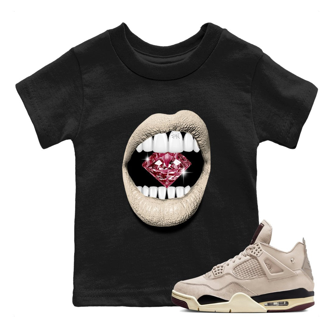 4s A Ma Maniere x Fossil Stone shirts to match jordans Lips Diamond sneaker match tees Air Jordan 4 A Ma Maniere x Fossil Stone match shoes to clothes SNRT Sneaker Tees Youth Baby Black 1 tee