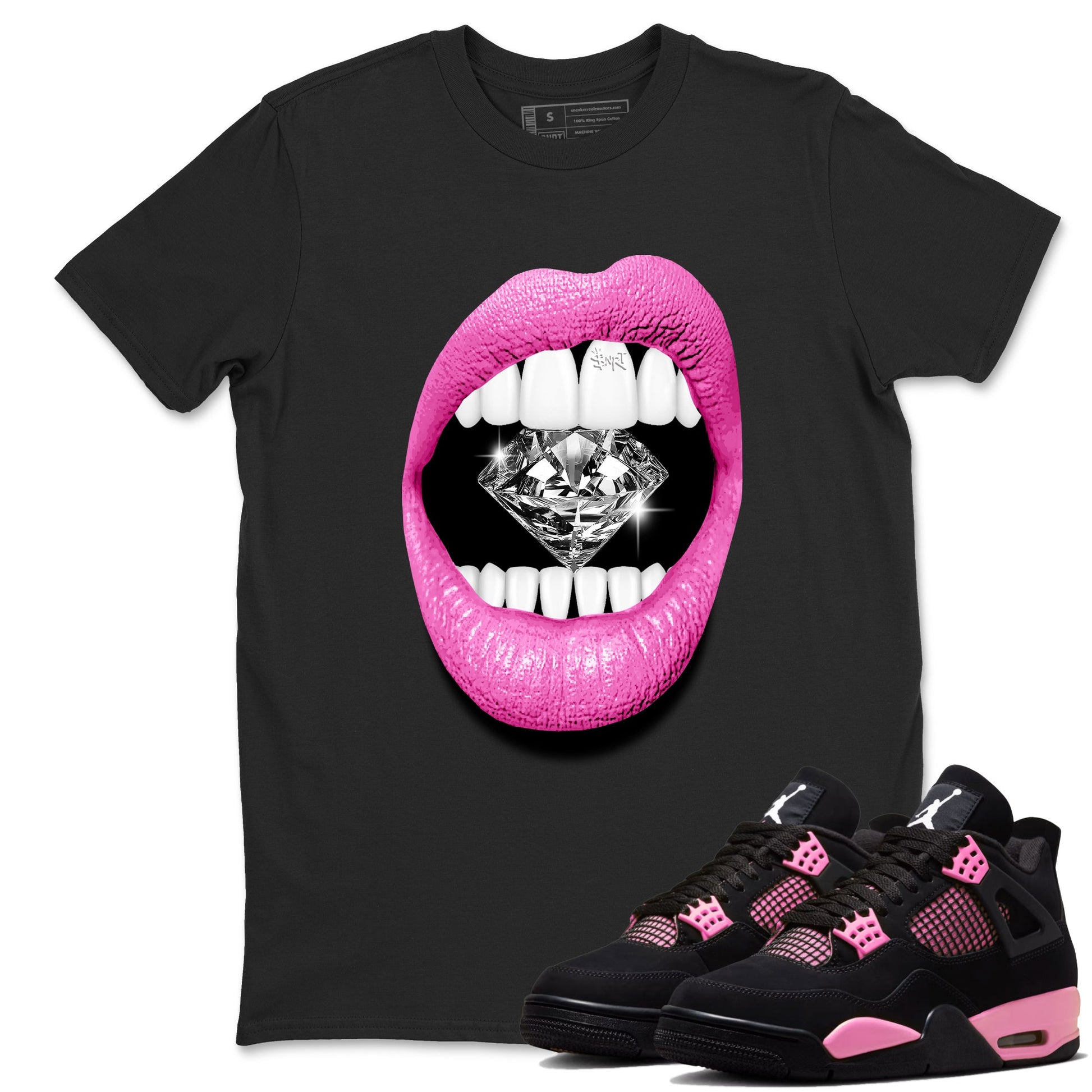 Perfect Valentine's Day Gifts graphic tee  – Sneaker Tees To Match Air Jordan 4 Pink Thunder – Lips Diamond Tee Black 1