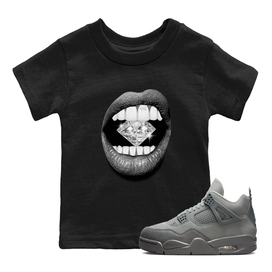 4s Wet Cement shirts to match jordans Lips Diamond sneaker match tees Air Jordan 4 Wet Cement SNRT Sneaker Release Tees Youth Baby Black 1 crew neck shirts