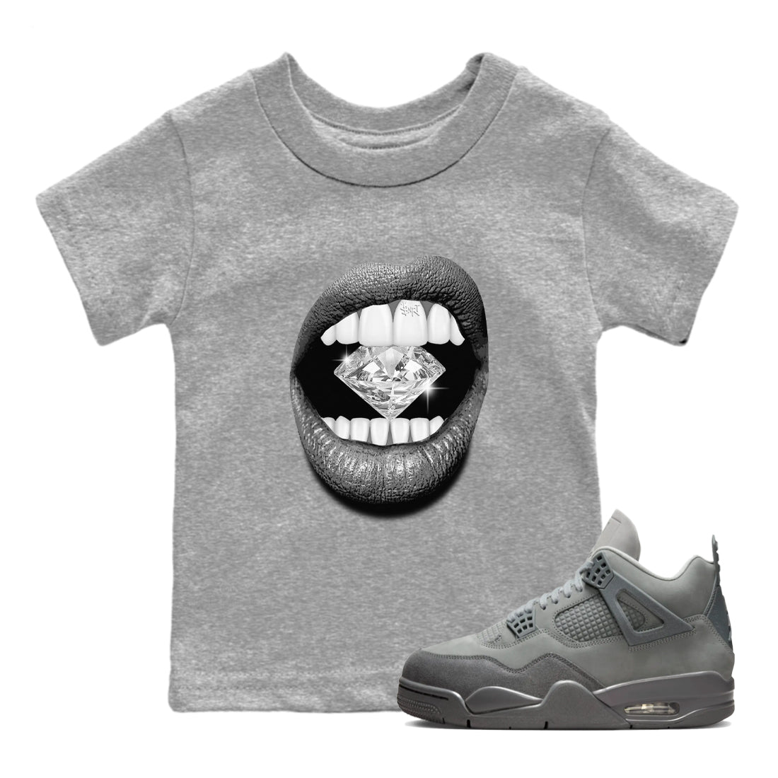 4s Wet Cement shirts to match jordans Lips Diamond sneaker match tees Air Jordan 4 Wet Cement SNRT Sneaker Release Tees Youth Baby Heather Grey 1 crew neck shirts