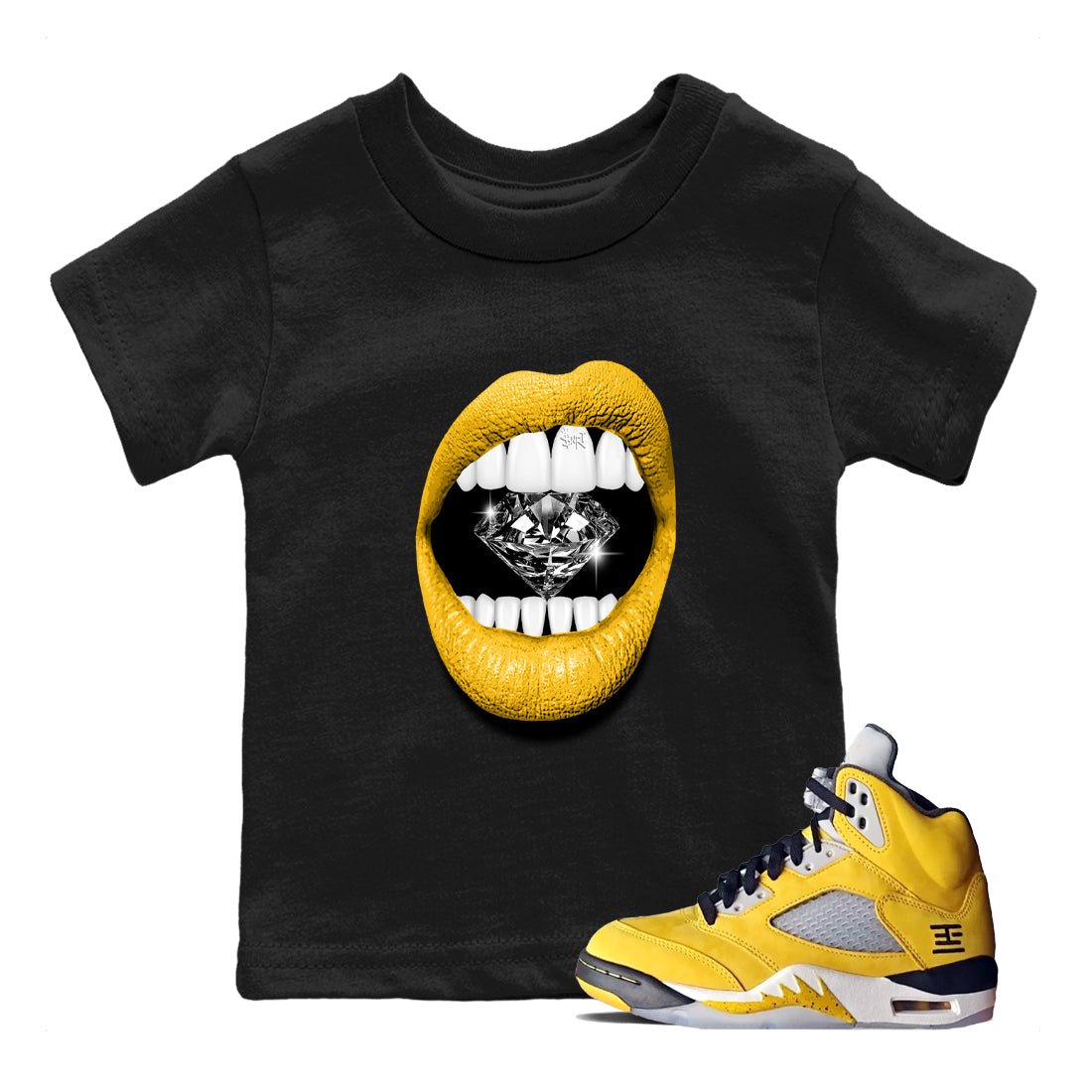 Lips Diamond baby and kids t-shirt crafted for little sneakerheads to shine with the Air Jordan 5 Tokyo sneakers, displayed in Black 1.