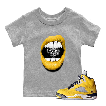Lips Diamond baby and kids t-shirt crafted for little sneakerheads to shine with the Air Jordan 5 Tokyo sneakers, displayed in Heather Grey 1.