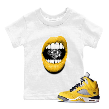 Lips Diamond baby and kids t-shirt crafted for little sneakerheads to shine with the Air Jordan 5 Tokyo sneakers, displayed in White 1.