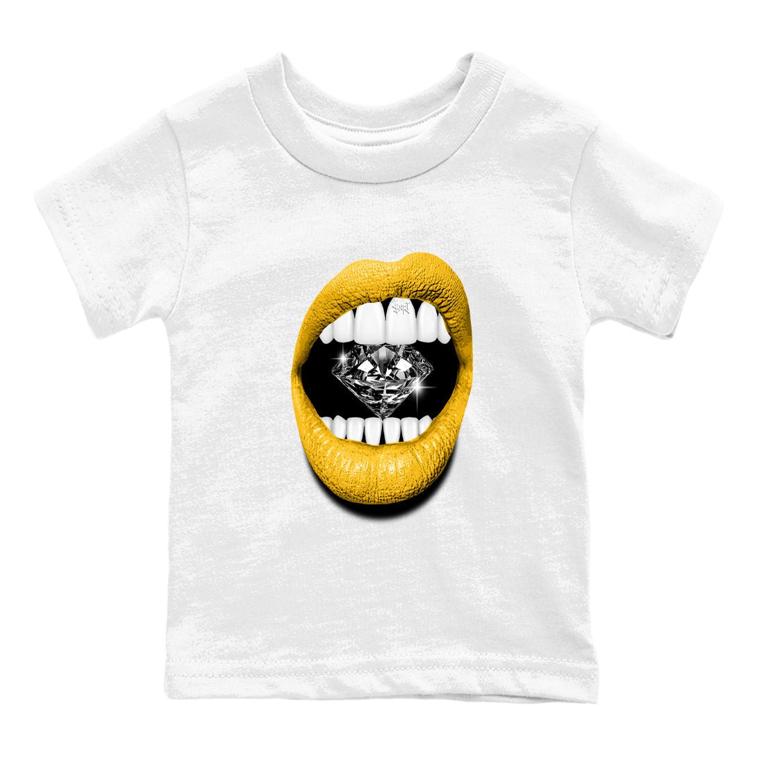 Lips Diamond baby and kids t-shirt crafted for little sneakerheads to shine with the Air Jordan 5 Tokyo sneakers, displayed in White 2.