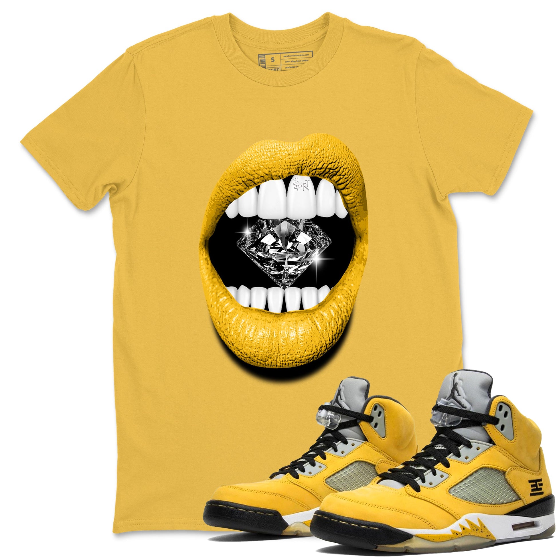 Lips Diamond sneaker match t-shirt styled to complete your fit with the Air Jordan 5 Tokyo sneakers, shown in Daisy 1.