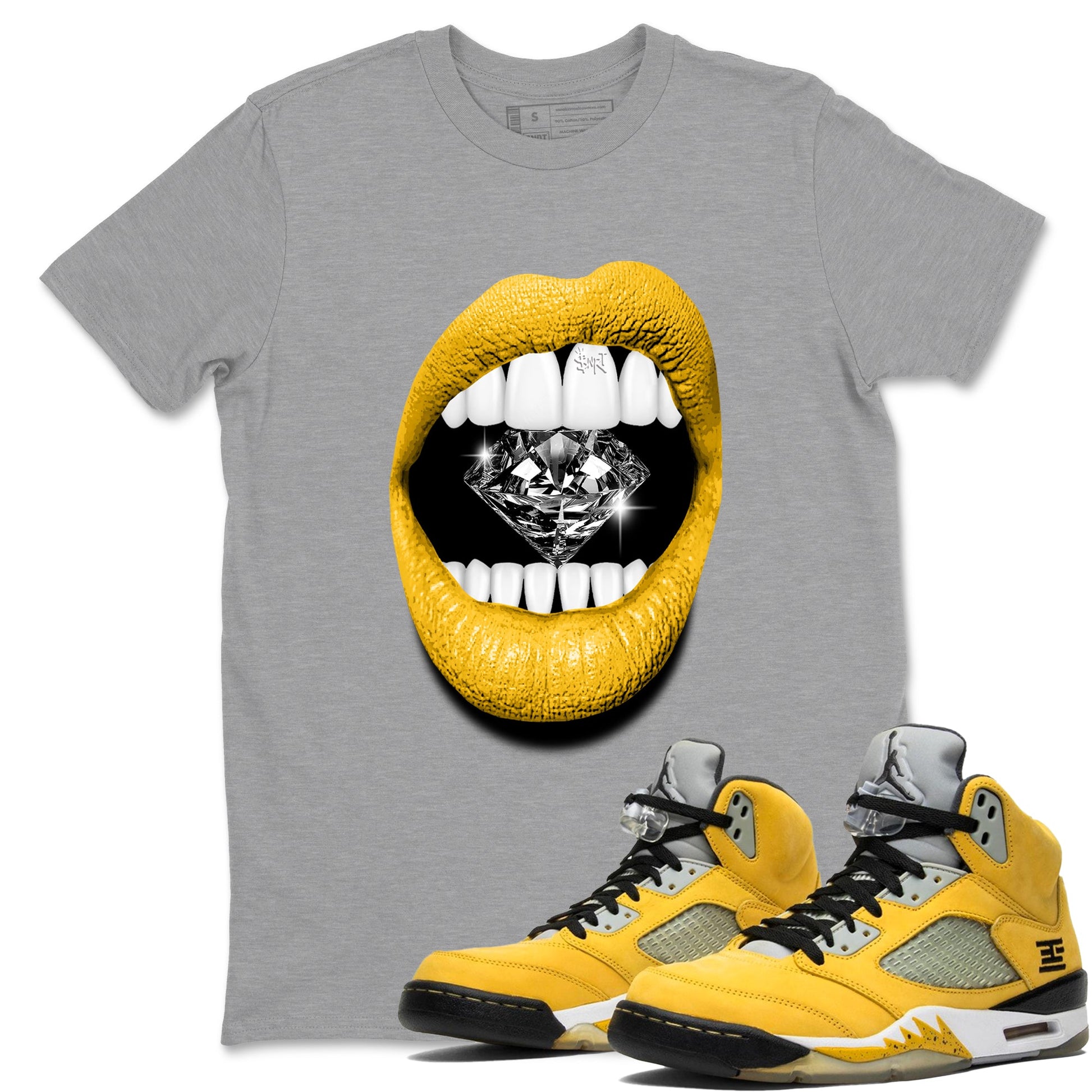 Lips Diamond sneaker match t-shirt styled to complete your fit with the Air Jordan 5 Tokyo sneakers, shown in Heather Grey 1.